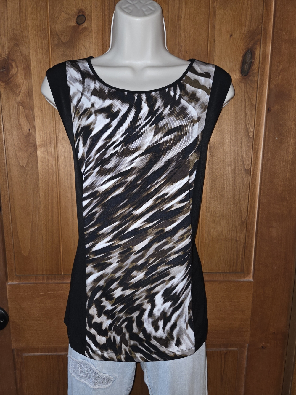 Calvin‎ Klein Black and Brown Abstract Print Scoop Neck Top